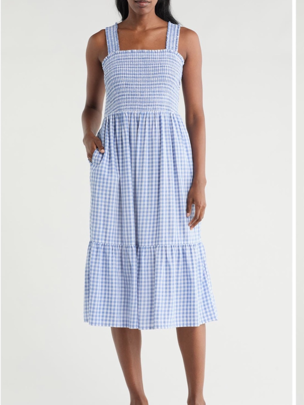 beachlunchlounge Blue Gingham Smocked Tiered Midi Dress